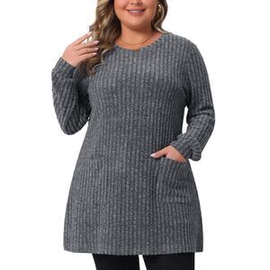 Plus Size Round Neck Long Sleeve Ribbed Knit Loose Pocket Pullover Grey